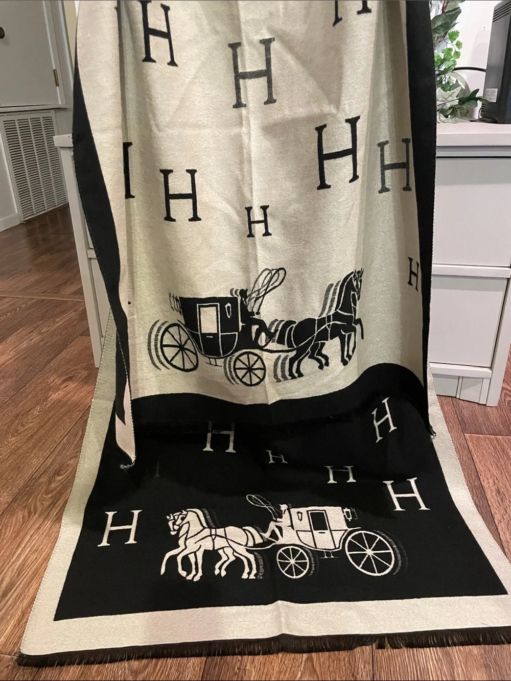 Luxury Black & Cream Soft Scarf with Horse and Carriages Motif